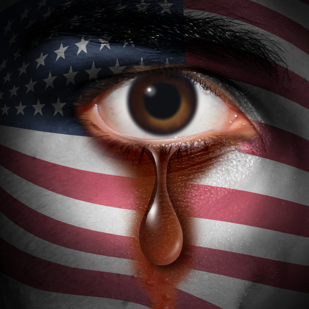 Racism in America and bigotry in the USA concept as the tear of an American minority washing away a flag of the United States painted on a face as a civil rights and discrimination metaphor in a 3D illustration style.